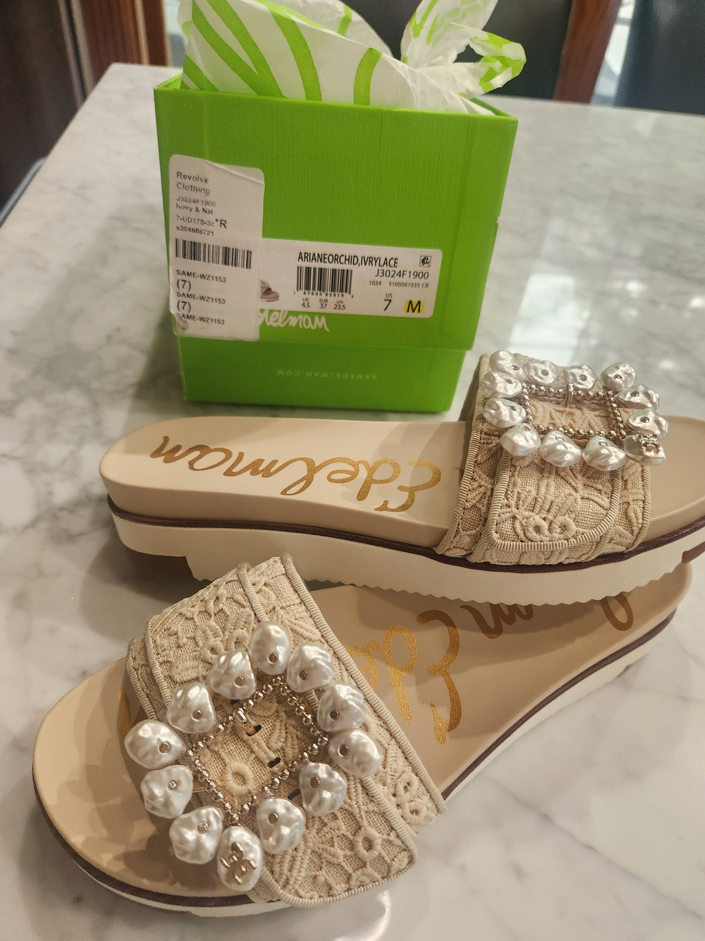 Sam Edelman Beize Lace Ivory Beaded Knit Slide Sandals, BRAND NEW w BOX. - Picture 4 of 5